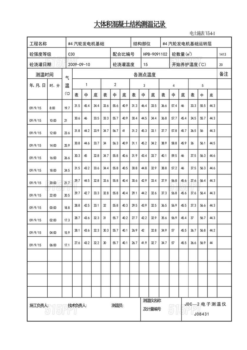 大体积混凝土测温记录