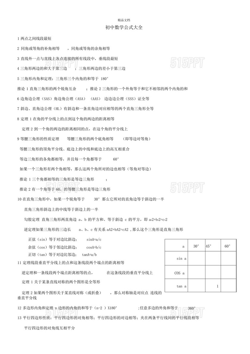 初中数学公式大全 完整版