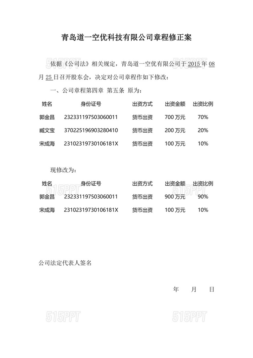 公司章程修正案模板