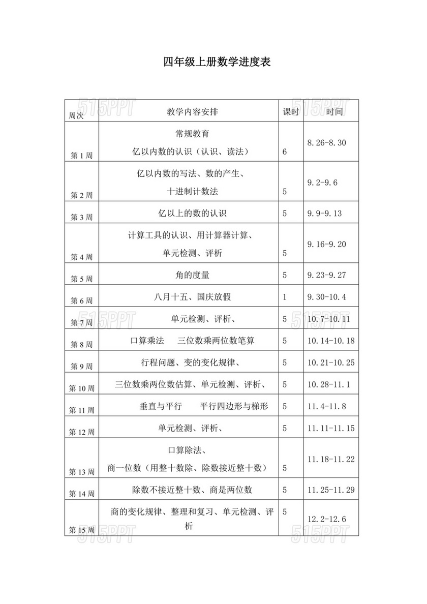 人教版四年级数学上册教学计划及进度表