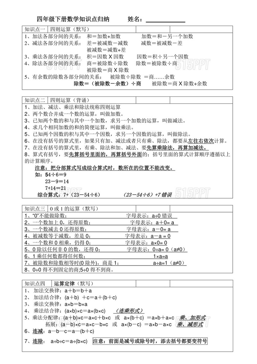 小学四年级数学重点知识归纳