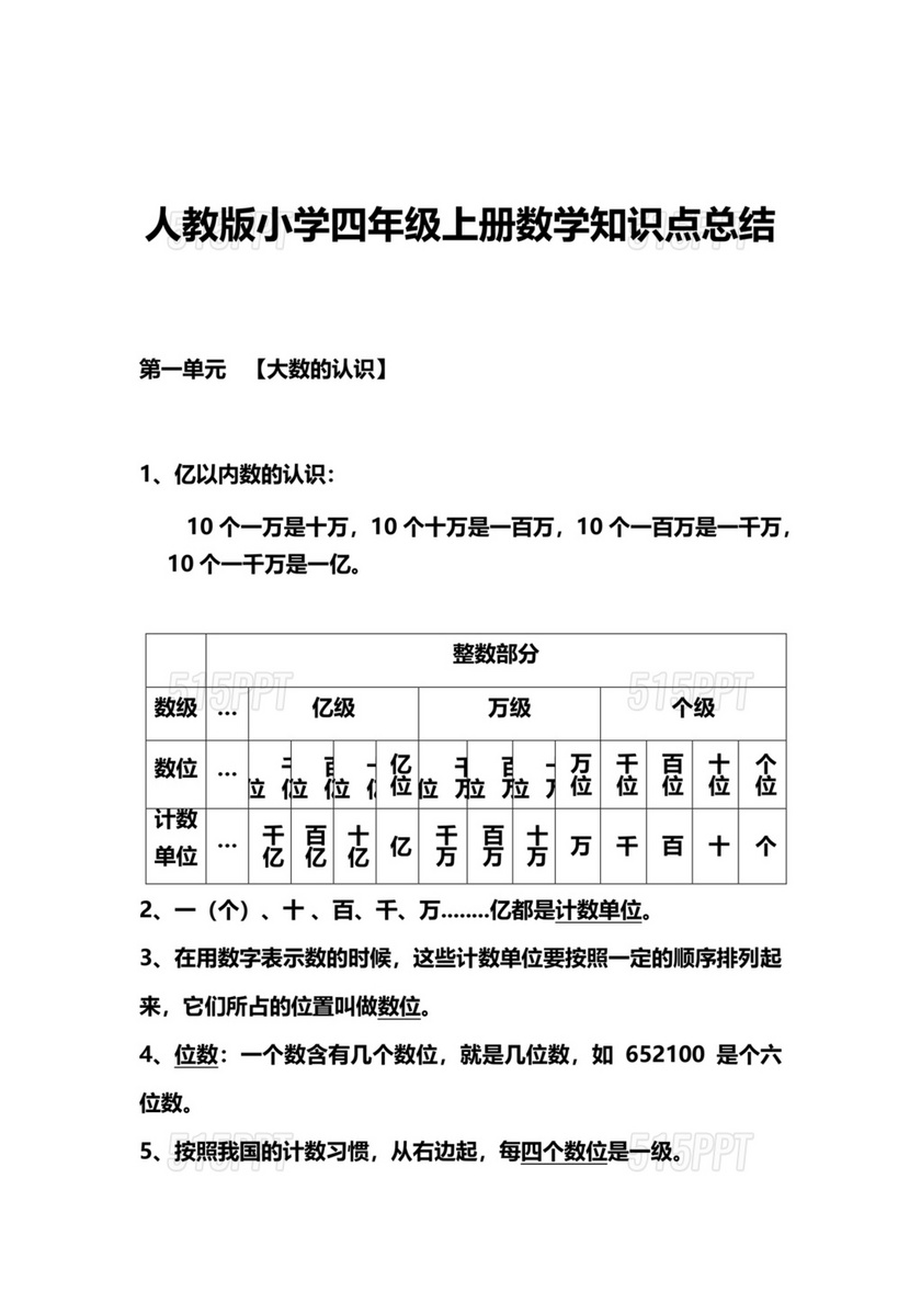 四年级数学上册知识点归纳总结