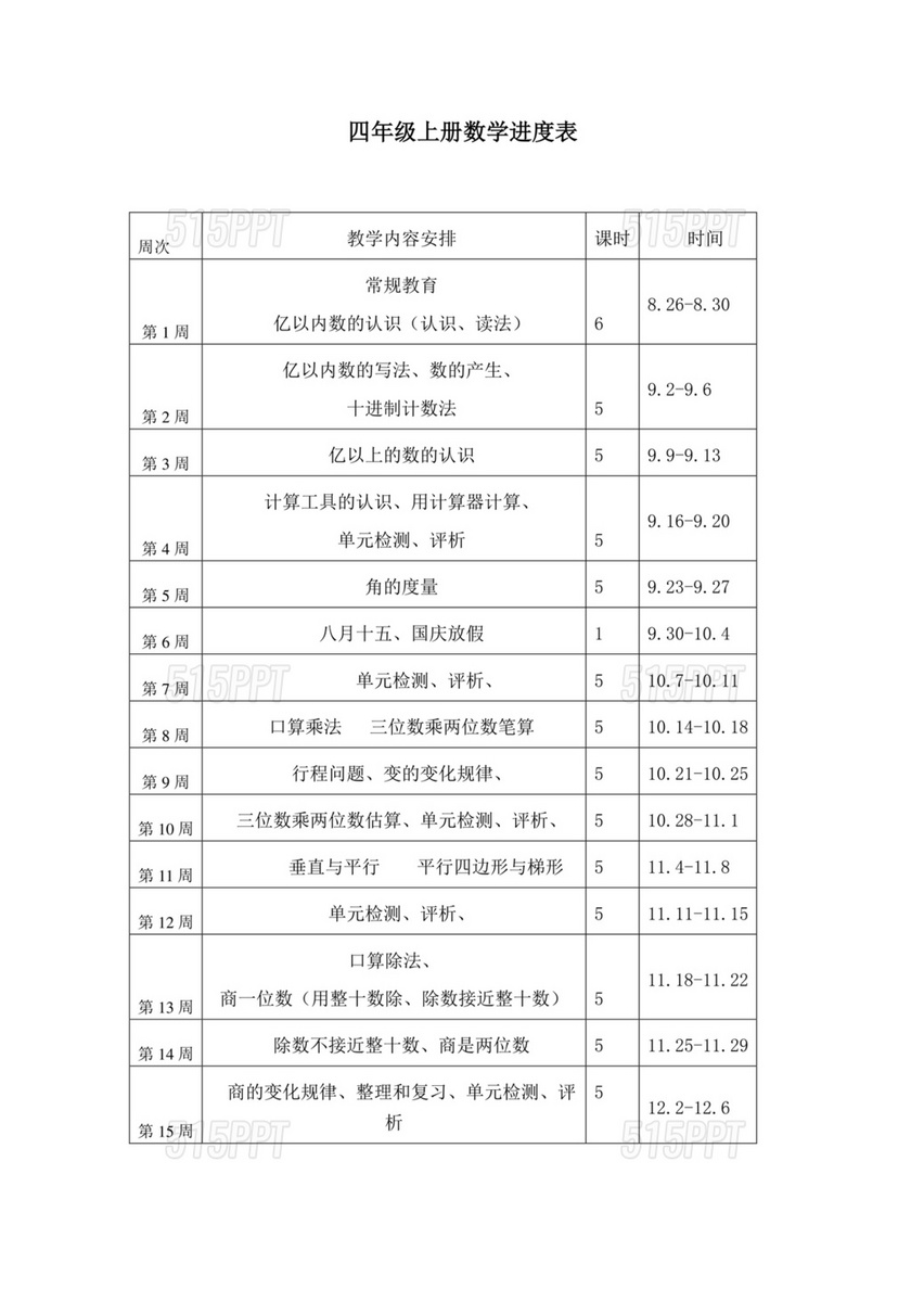 人教版四年级数学上册教学进度表