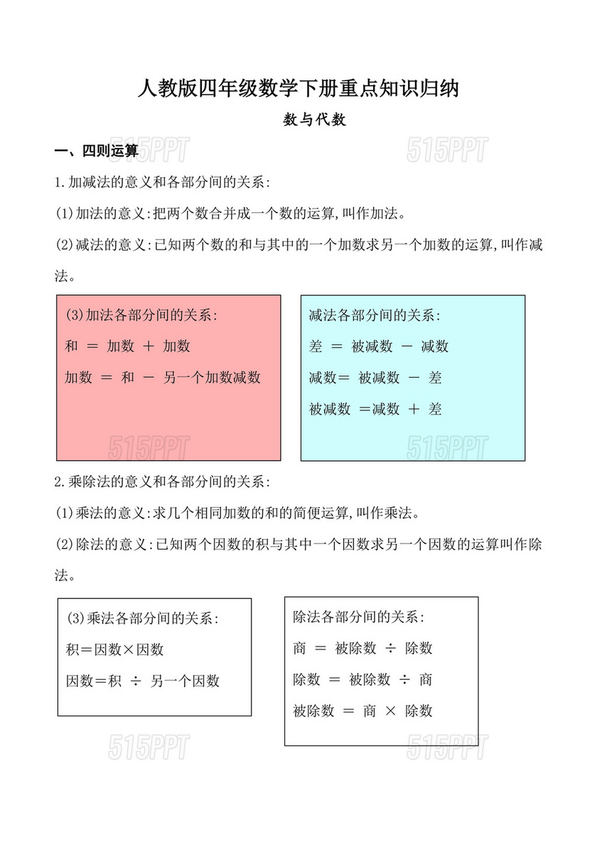 人教版小学四年级数学重点知识归纳