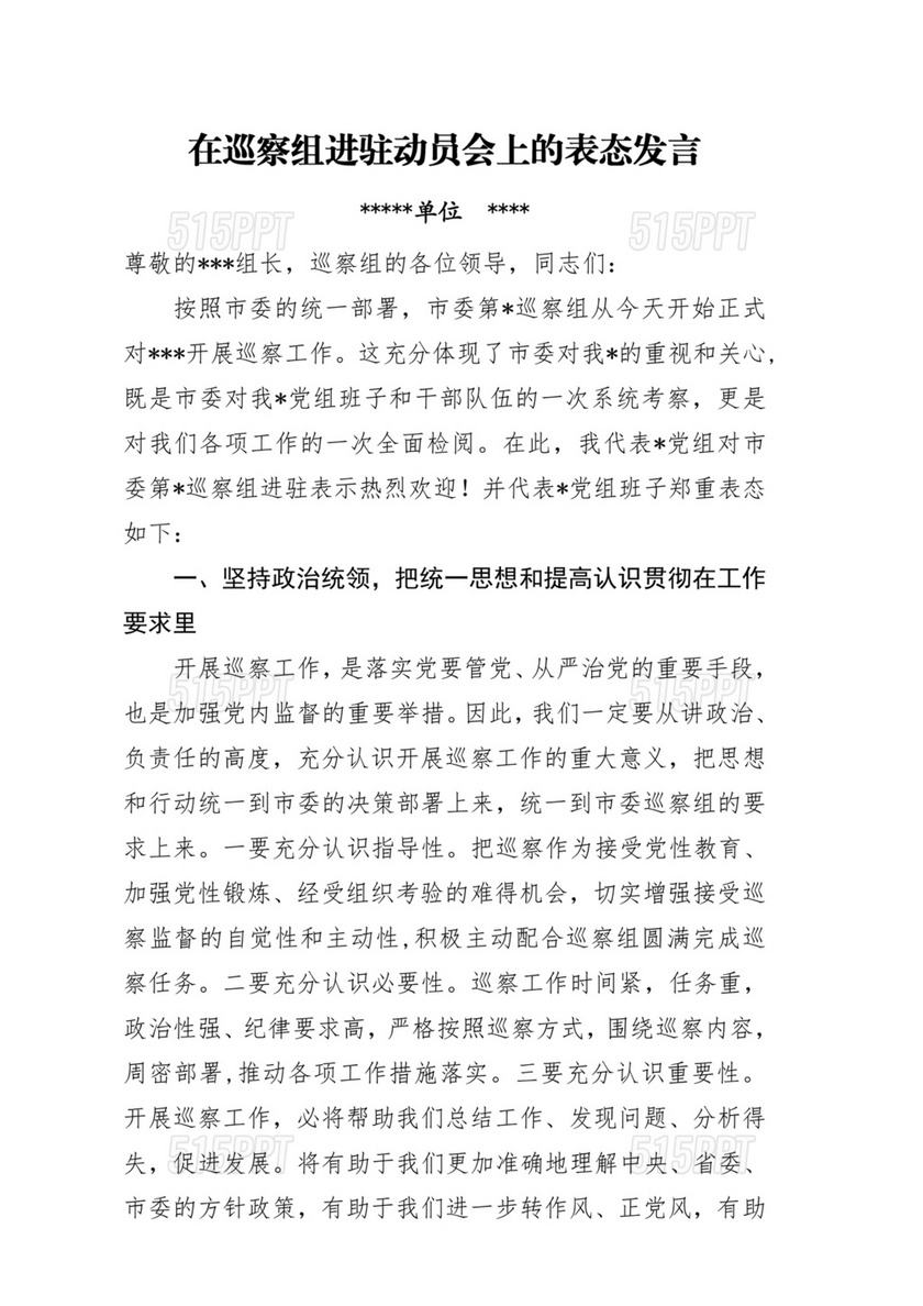 巡察进驻动员会上表态发言