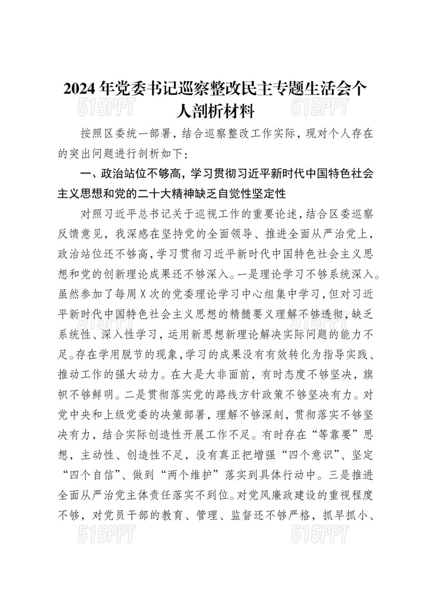 巡察专题生活会个人剖析材料