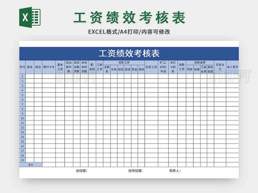 人事行政蓝色常用员工工资绩效考核表excel模板