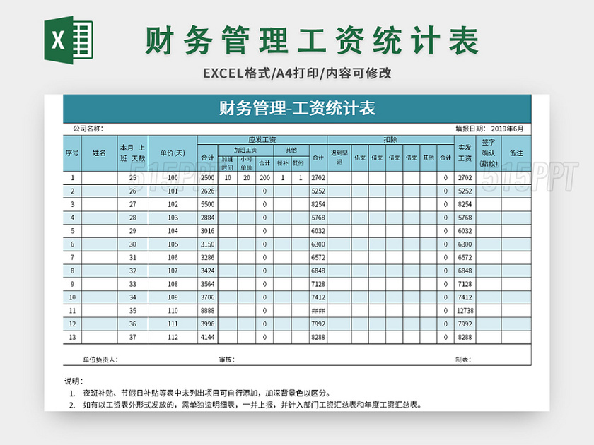 蓝色财务管理工资统计表excel模板