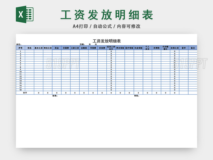 员工工资发放明细表格设计