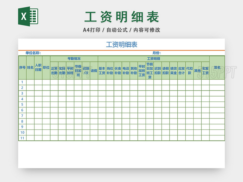 员工工资明细表格设计