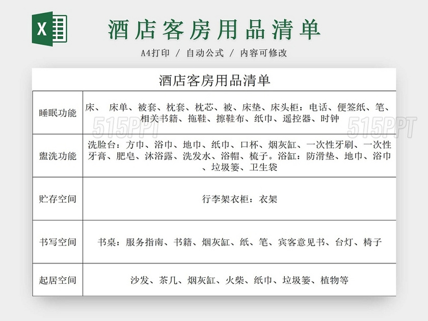 简约酒店客房用品清单物品清单物品详细