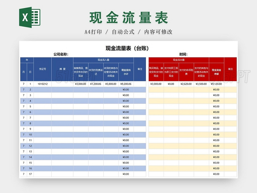 公司现金流量表台账excel模板