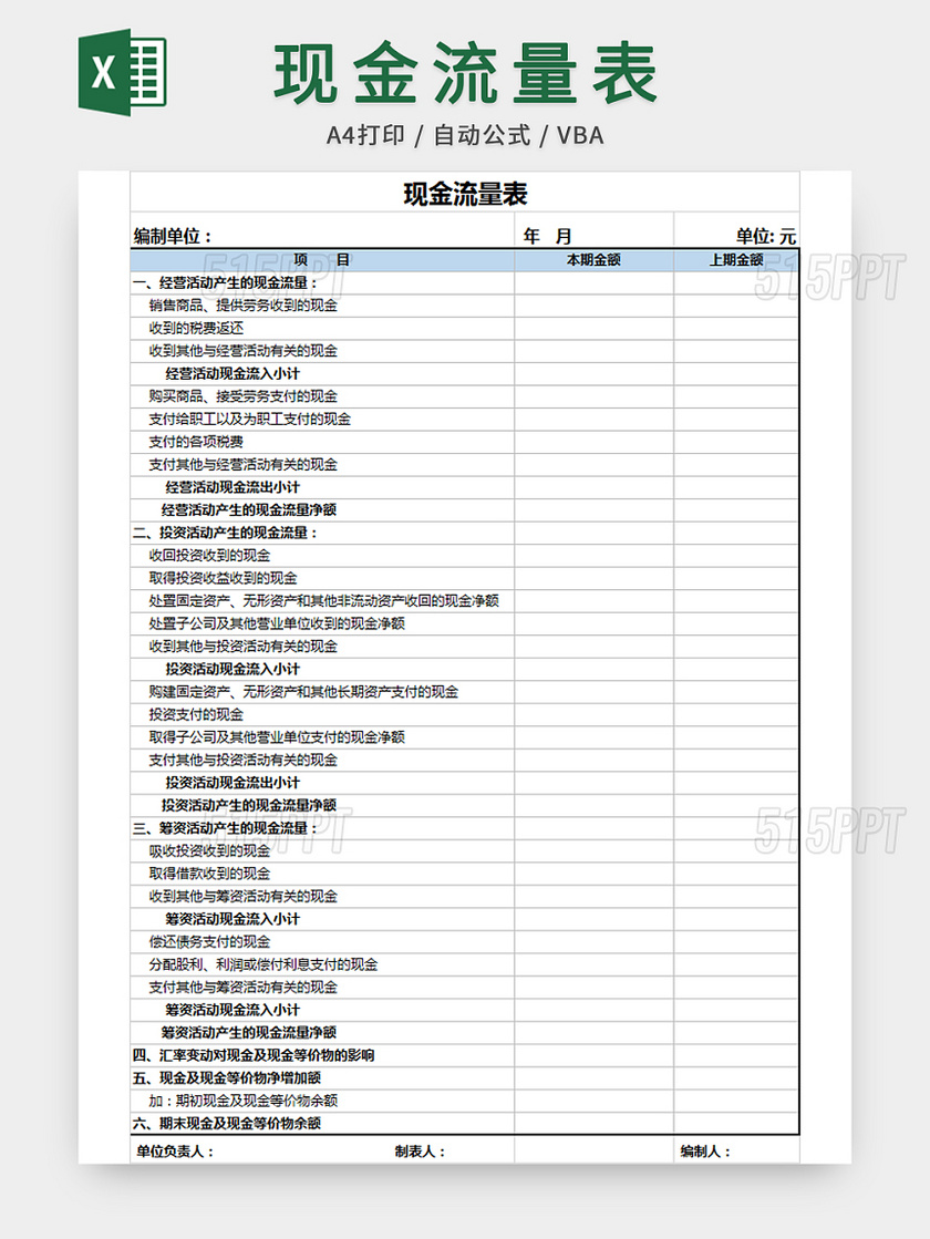 财务现金流量表财务表格模板