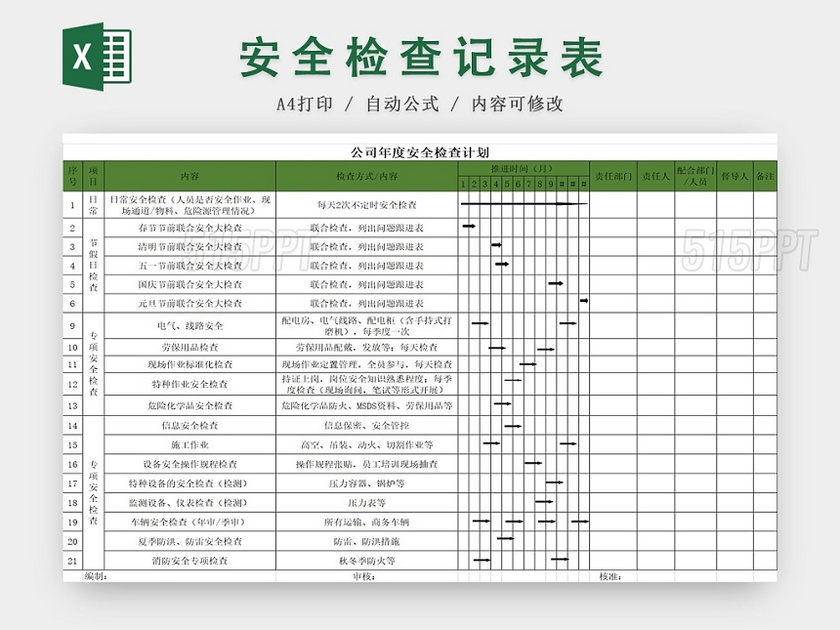 公司年度安全检查记录表绿色excel模板