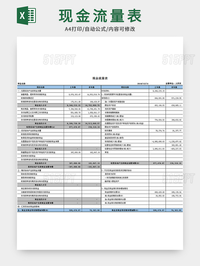 商务公司现金流量表会计表格