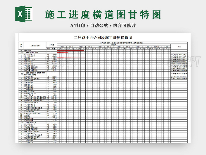 施工进度横道图模板EXCEL表