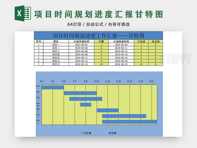 项目时间规划进度表模板EXCEL表甘特图