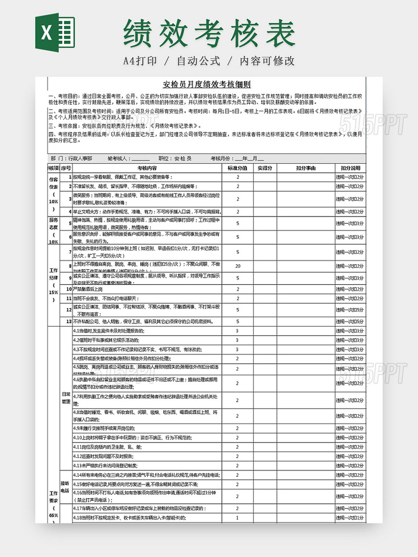 安检员月度绩效考核表Excel模板