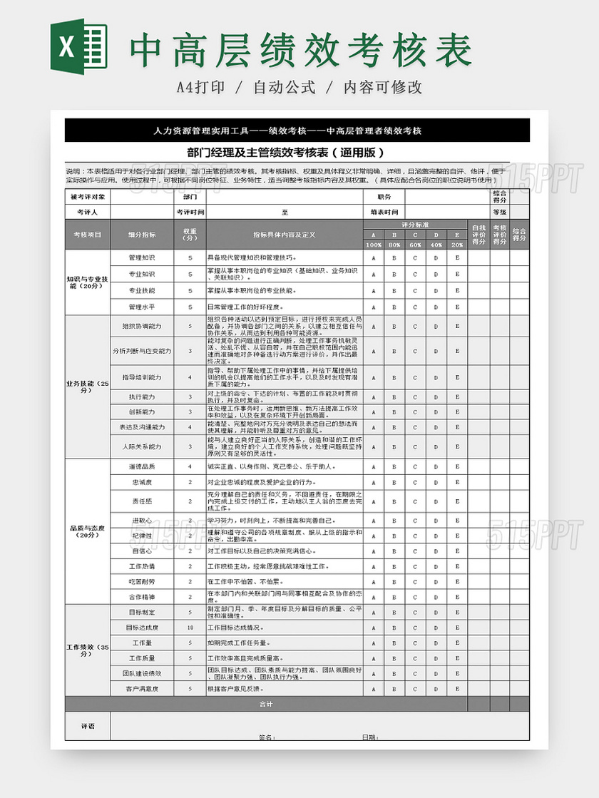 部门经理及主管绩效考核表Excel表格