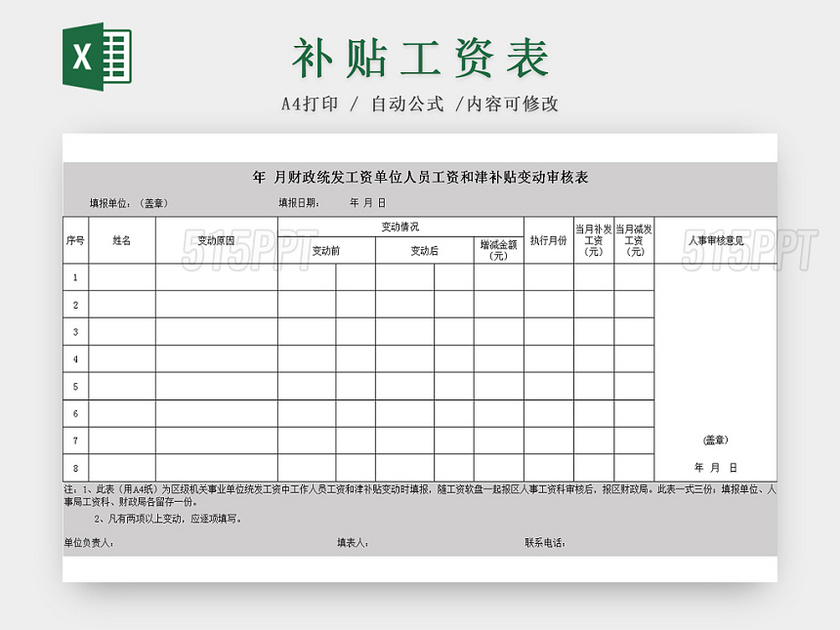 单位人员工资津贴变动审核Excel表