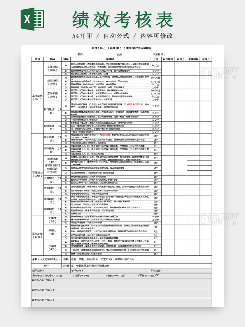 管理人员年度季度绩效考核excel表