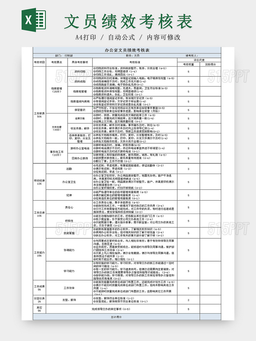 简约办公室文员绩效考核Excel表