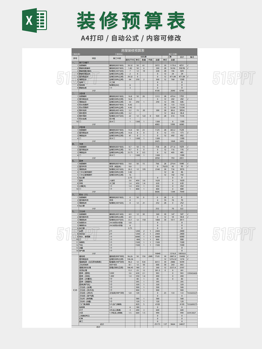 房屋装修预算表