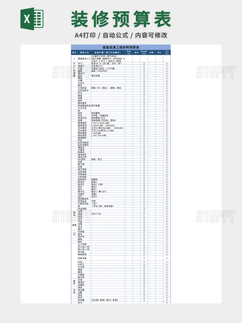 家庭装潢工程材料预算表