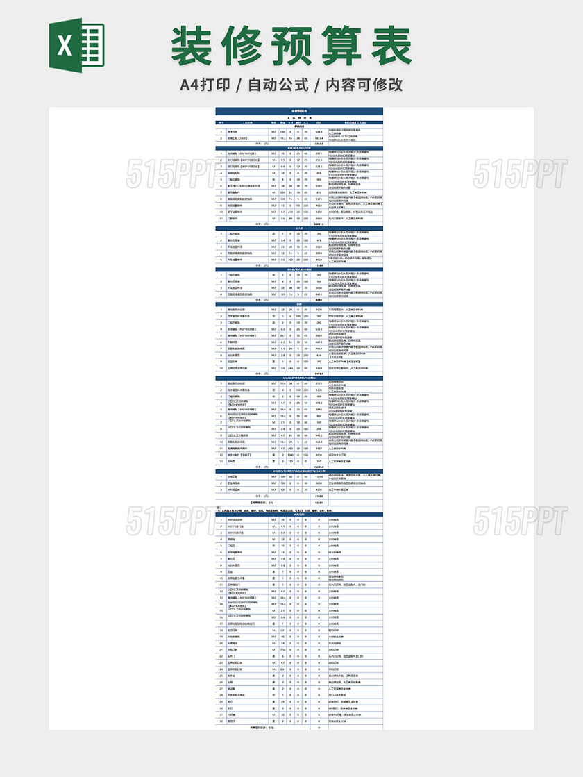 材料施工装修预算表