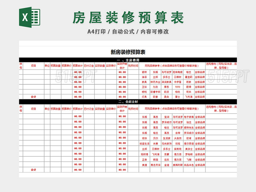 新房装修预算表