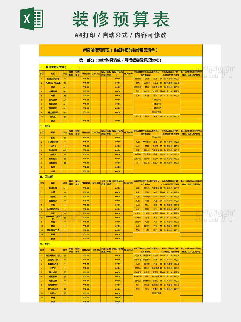 新房装修预算表