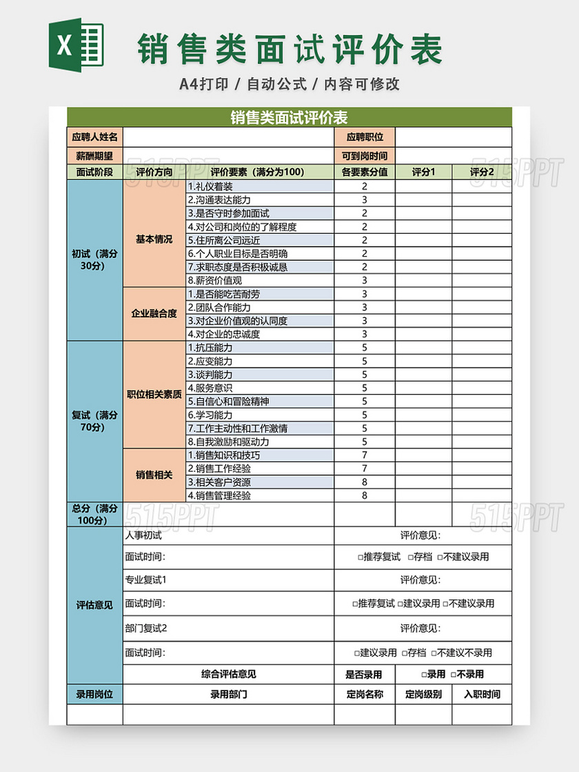 公司销售类面试评价表模板EXCEL模板