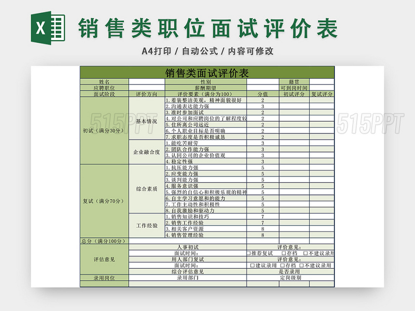 销售类职位面试评价表模板EXCEL模板