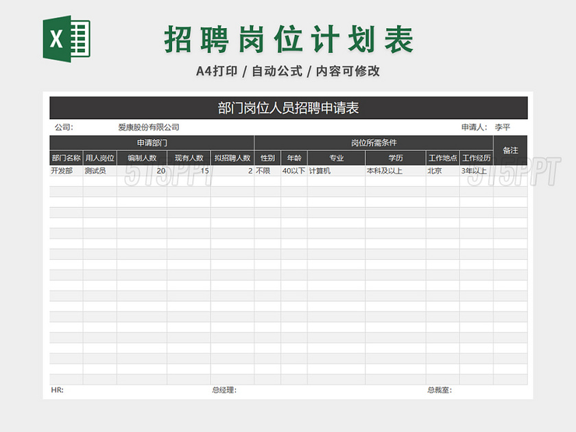 部门岗位人员招聘申请表