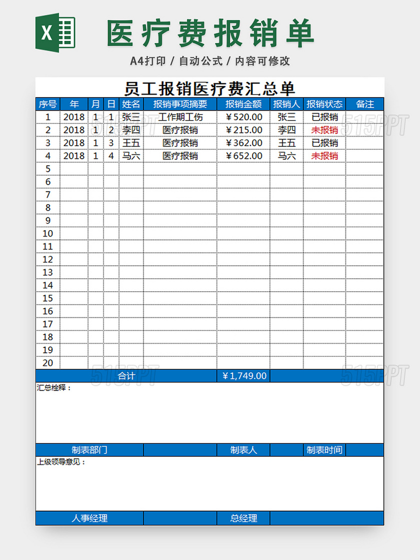 员工医疗报销单费用报销单