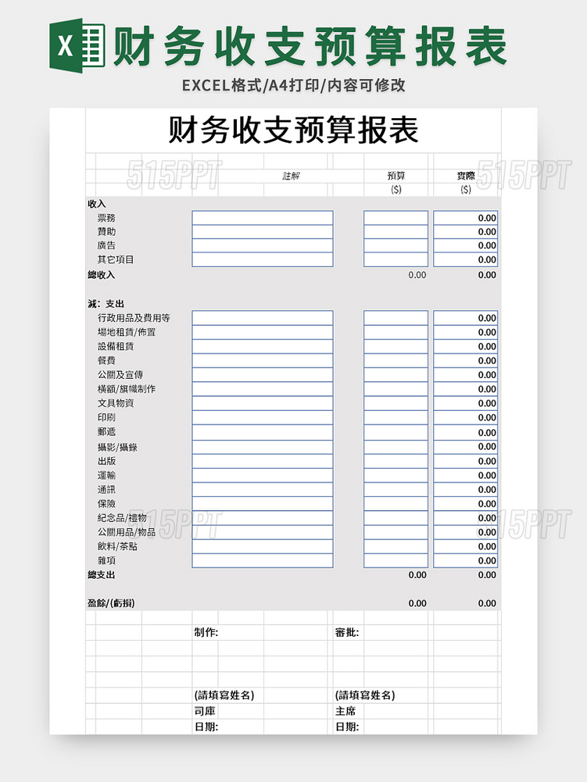 公司财务收支预算报表excel模板