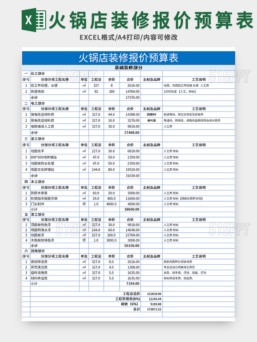 火锅店装修报价预算表excel模板