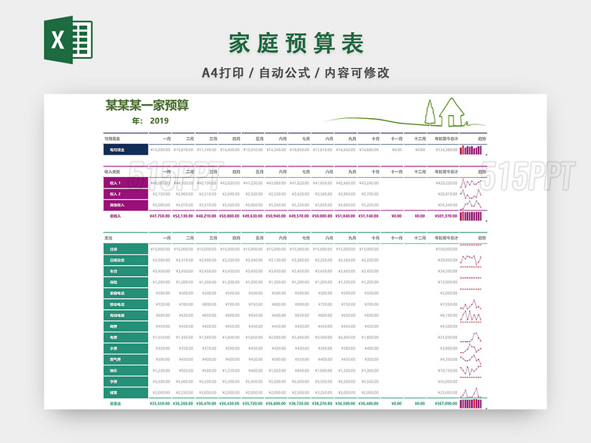 家庭收支预算表设计EXCEL模板