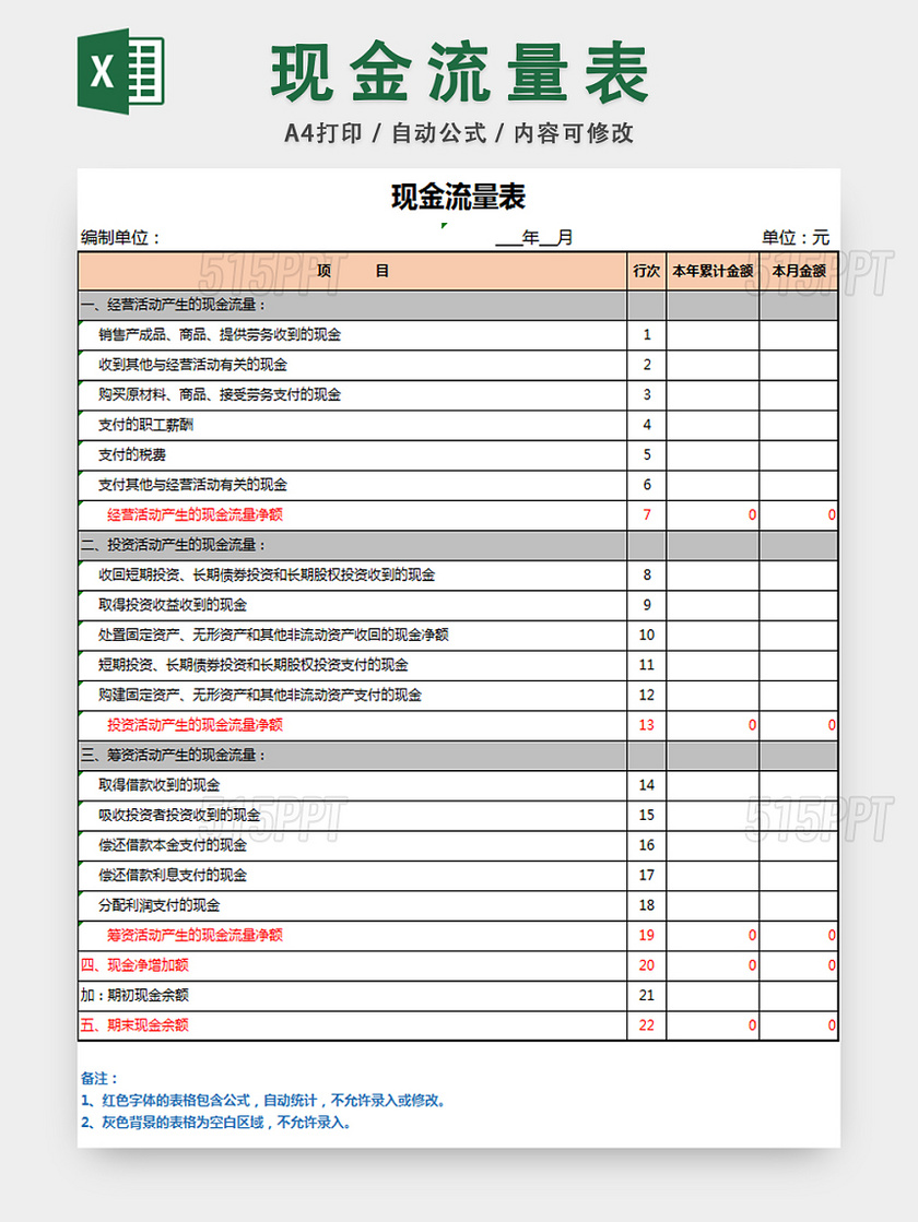 现金流量表财务统计表