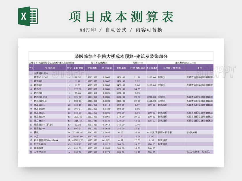 建筑装修项目成本预算测算Excel表