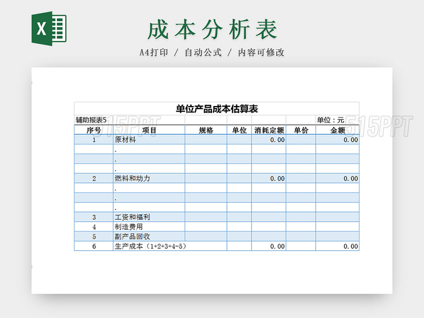 公司单位产品成本估算分析预算Excel表