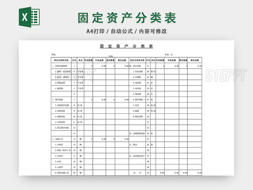 固定资产分类表格EXCEL模板