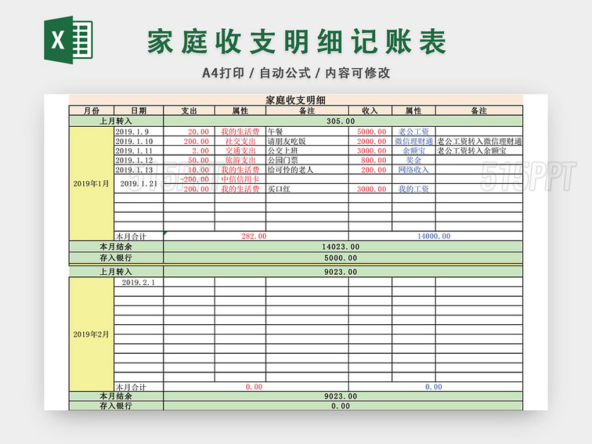 家庭收支明细记账表格EXCEL模板