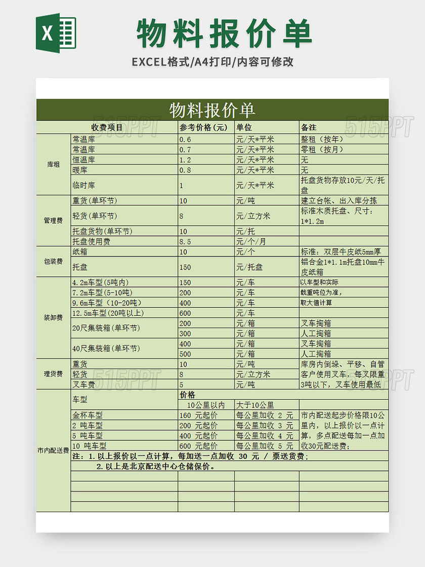 绿色物料报价单excel模板