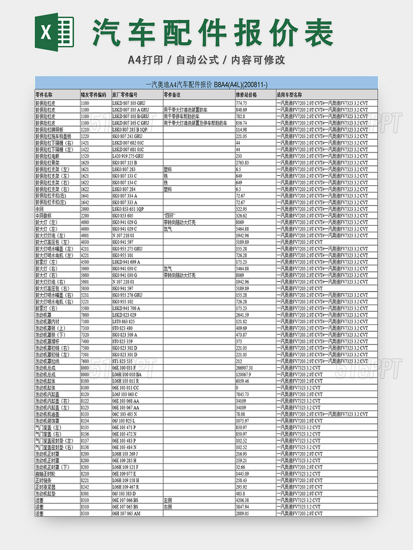 汽车配件报价表零部件报价清单