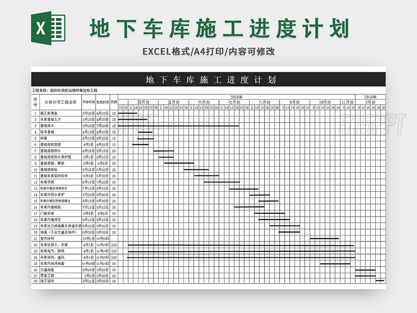 通用地下车库施工进度计划excel模板