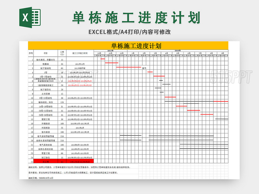 简约风单栋施工进度计划excel模板