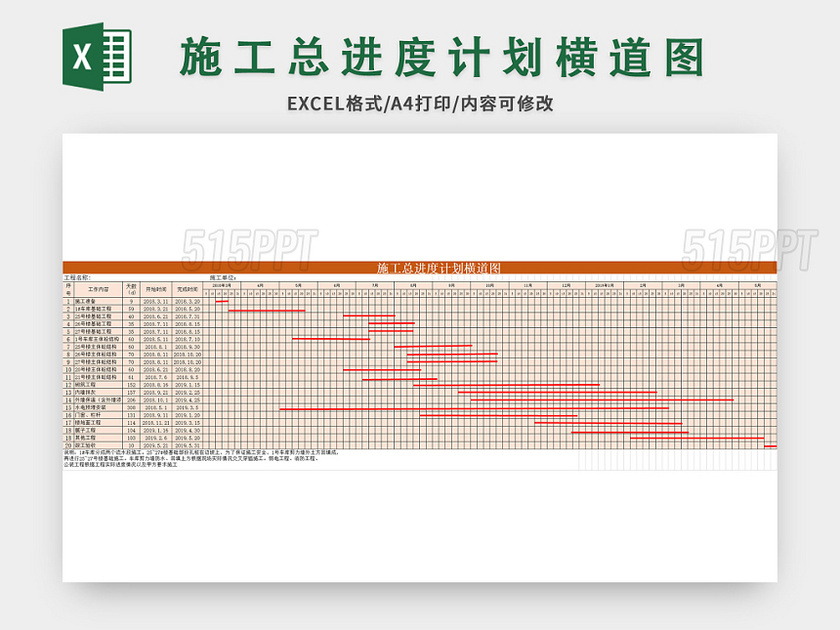 橙色施工总进度计划横道图excel模板