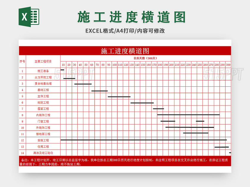 红色简洁风施工进度横道图excel模板