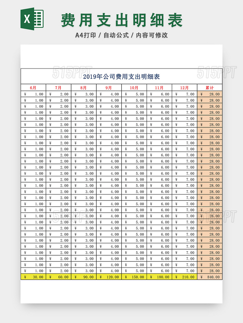 费用支出明细表EXCEL模板